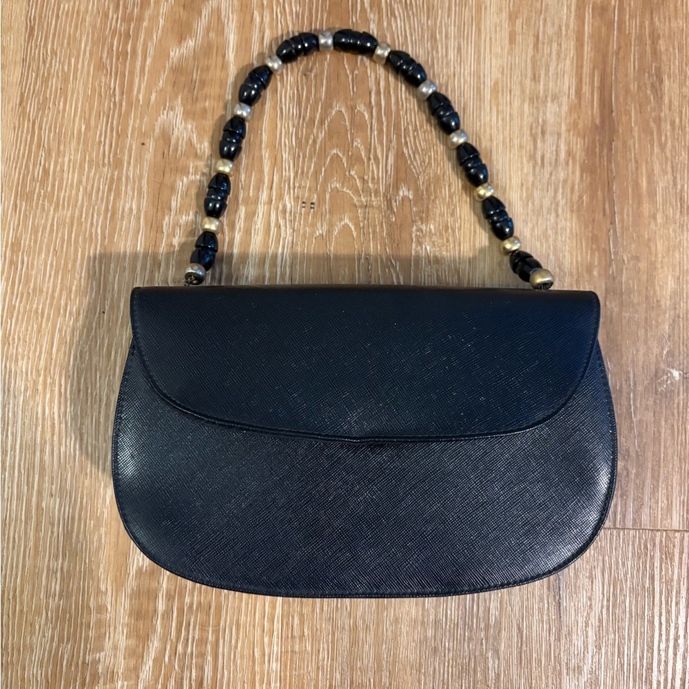 Vintage Theodore of California Black Handbag with Bakelite black and gold beads